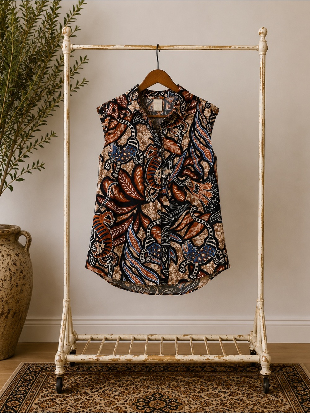 H&M Sleeveless Button-Down Top in Black, Brown & Blue